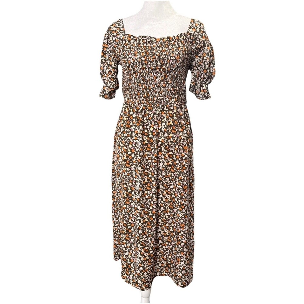 Huixue Brown Floral Midi Dress Smocked LG Vintage Inspired Twee Cottagecore Boho